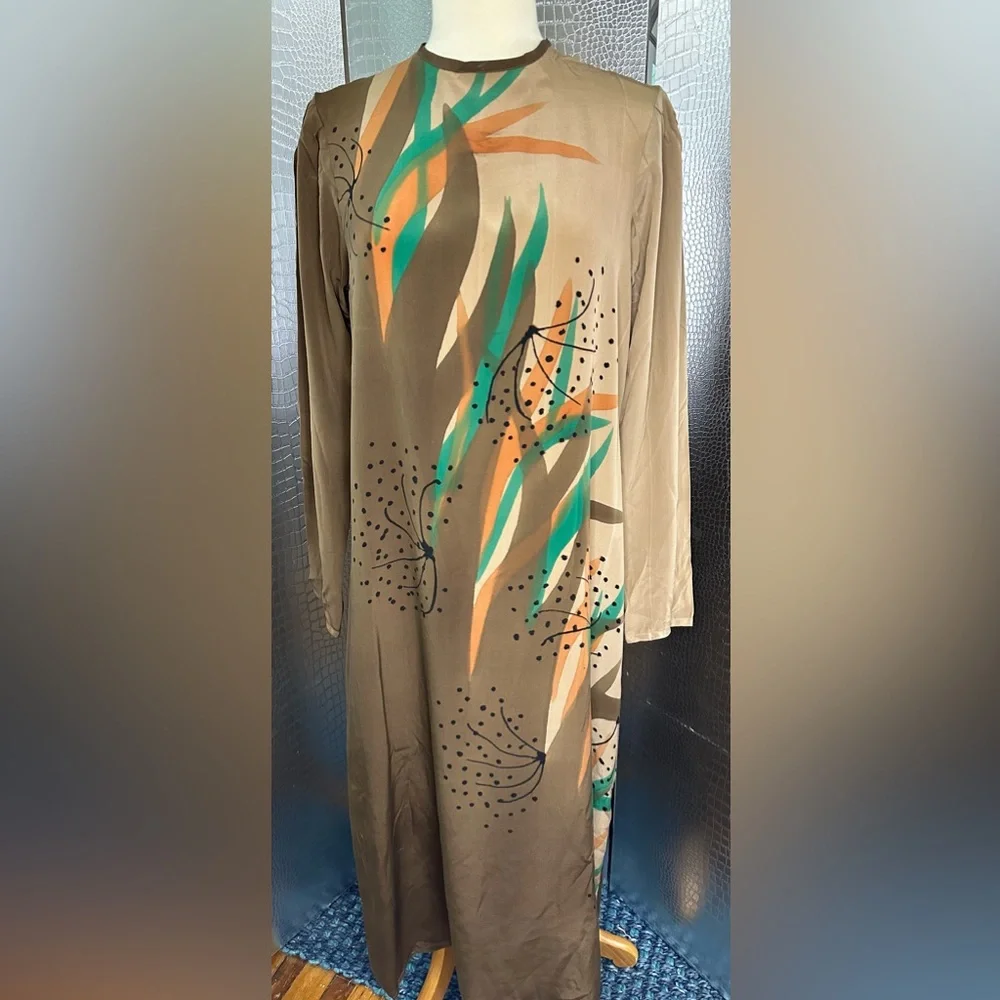 I Magnin Nicole LTD Vintage Silk Artistic Floral Long Sleeve Dress Size 12 - Picture 2 of 8